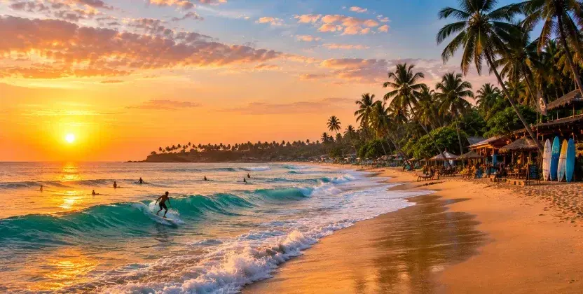Arugam Bay beach with surfers, palm trees, and sunset views.