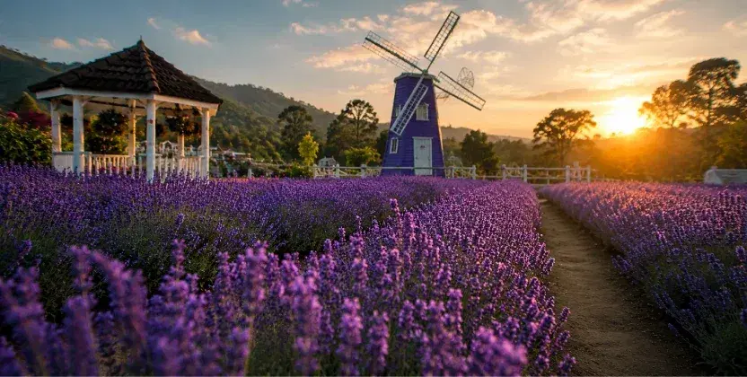 Purple lavender fields with a windmill during golden hours