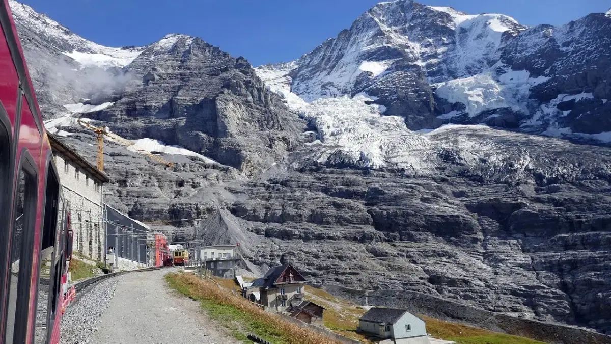 view of swiss alpine ranges from jungfrau railways train