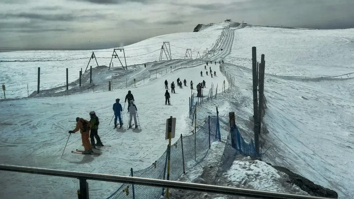 View of people skiing near Matterhorn Glacier Paradise