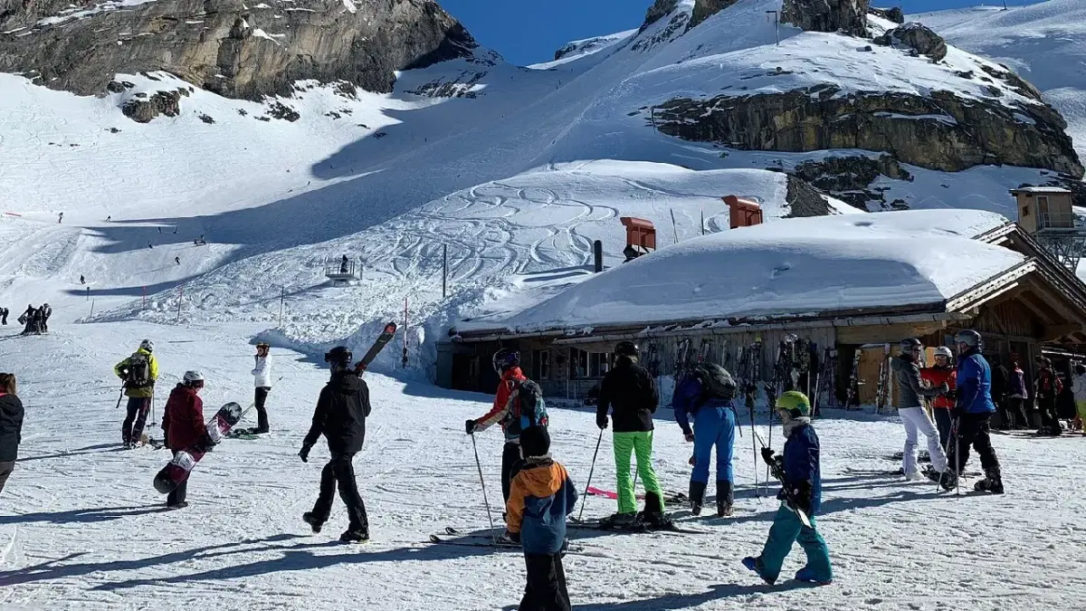 View of people with skiing gear at engelberg