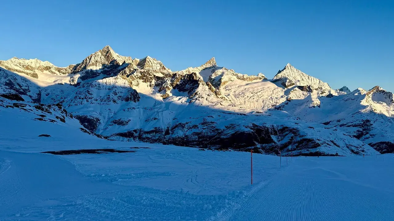 View of sun kissed Swiss Alpines in Zermatt 