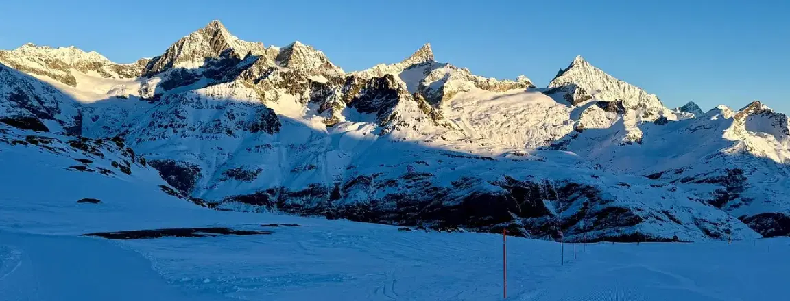 View of sun kissed Swiss Alpines in Zermatt