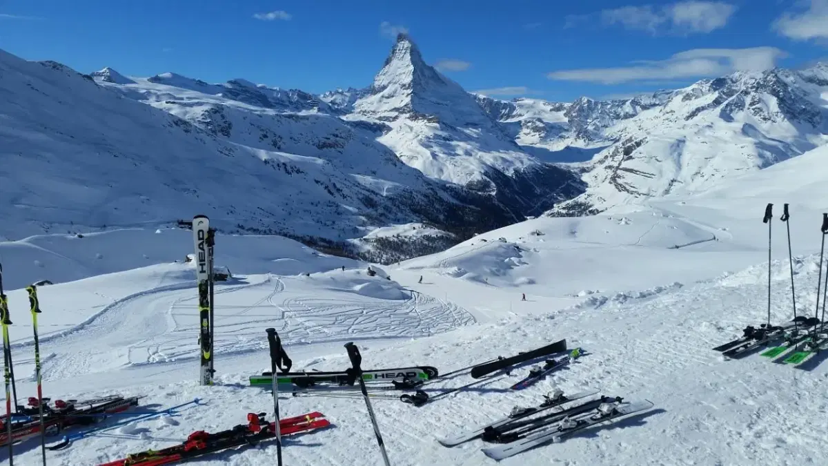 View of Skiing environment covered in snow at the top elevations in Zermatt