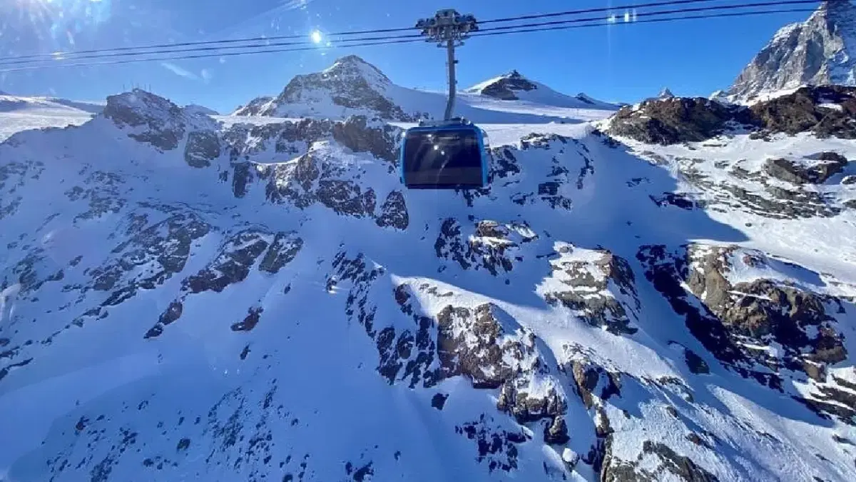 view of cable car in the Swiss alpine surroundings