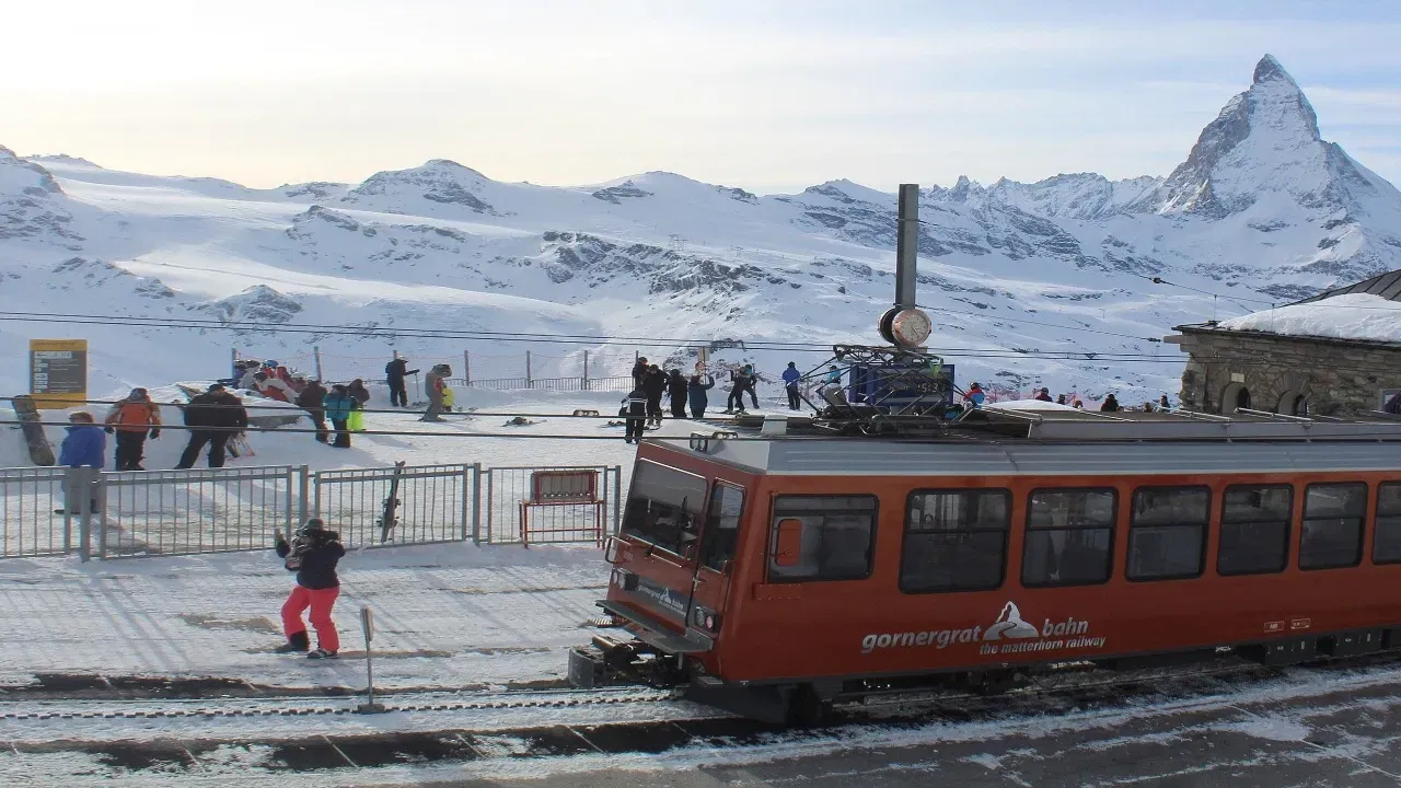view of gornergrat railway train with matterhorn at the background
