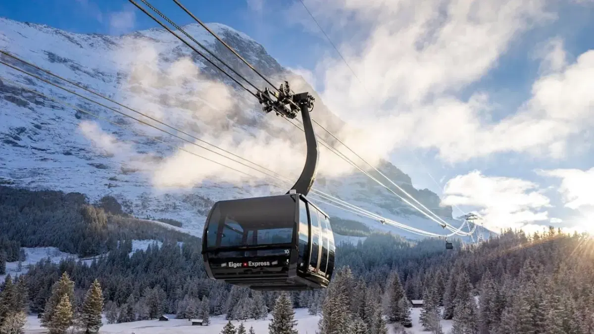 View of Eiger express gondola in its ascent