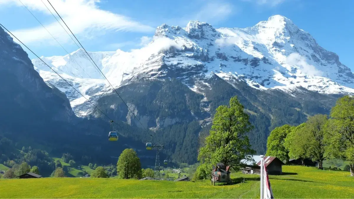 View of Grindelwald valley with the alpine ranges of eiger at its behind