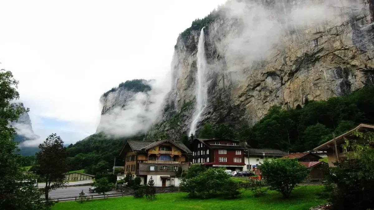 View of lauterbrunen with water falls at the background