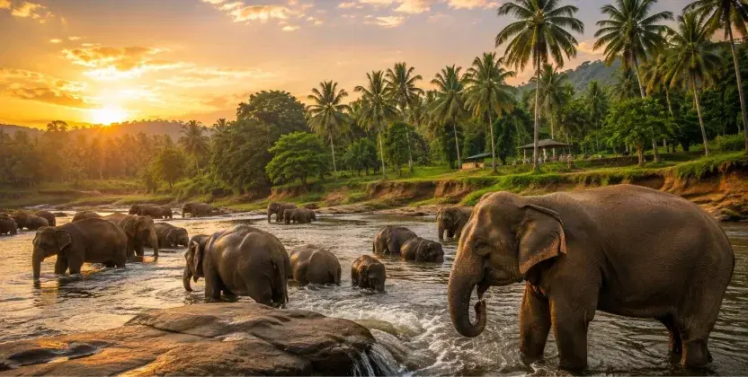 Elephants bathing in Ma Oya River at Pinnawala Elephant Orphanage
