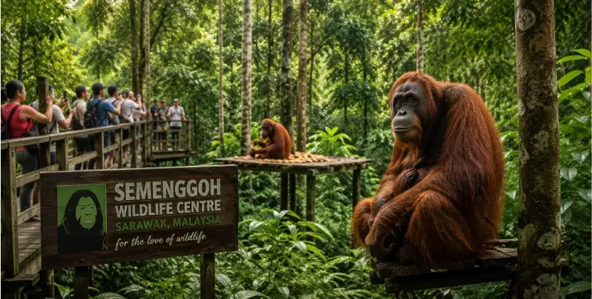 Semenggoh Wildlife Centre orangutan in a lush Malaysian rainforest. 