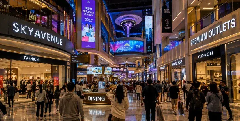 Shoppers explore the vibrant SkyAvenue mall filled with fashion stores, dining outlets and entertainment.