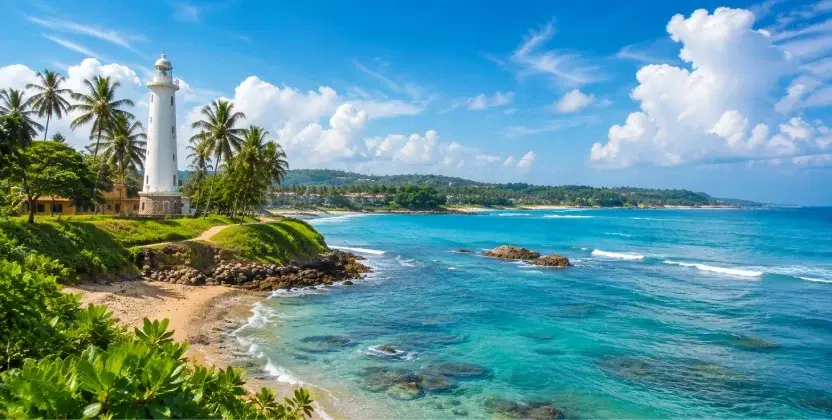 Sunny Sri Lanka coast with lighthouse and turquoise waters, December is the best time to visit Sri Lanka.