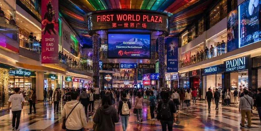 Crowds walk through the colorful First World Plaza surrounded by shops, restaurants and entertainment venues.