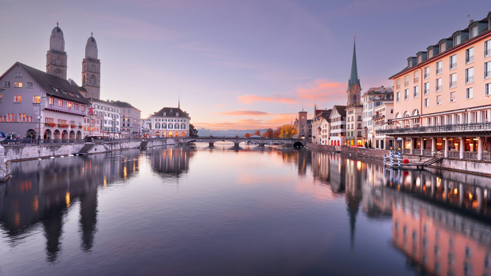View of Zurich with pink sky