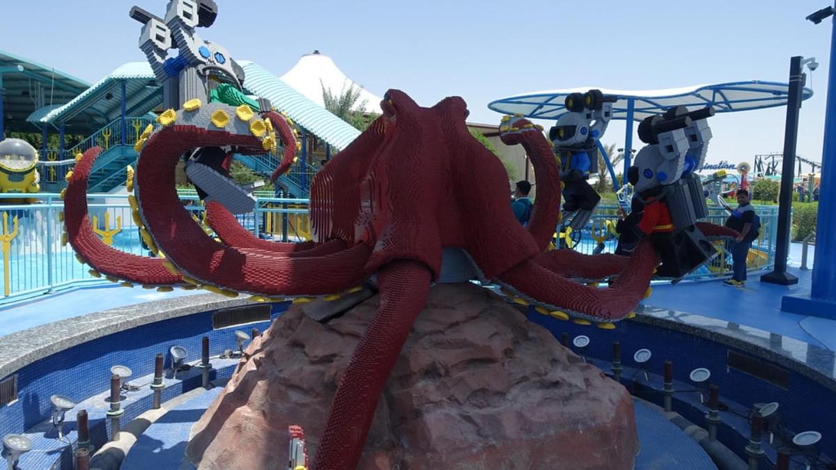 LEGO-themed octopus water structure at Legoland Water Park in Dubai, designed for kids aged 2–12.