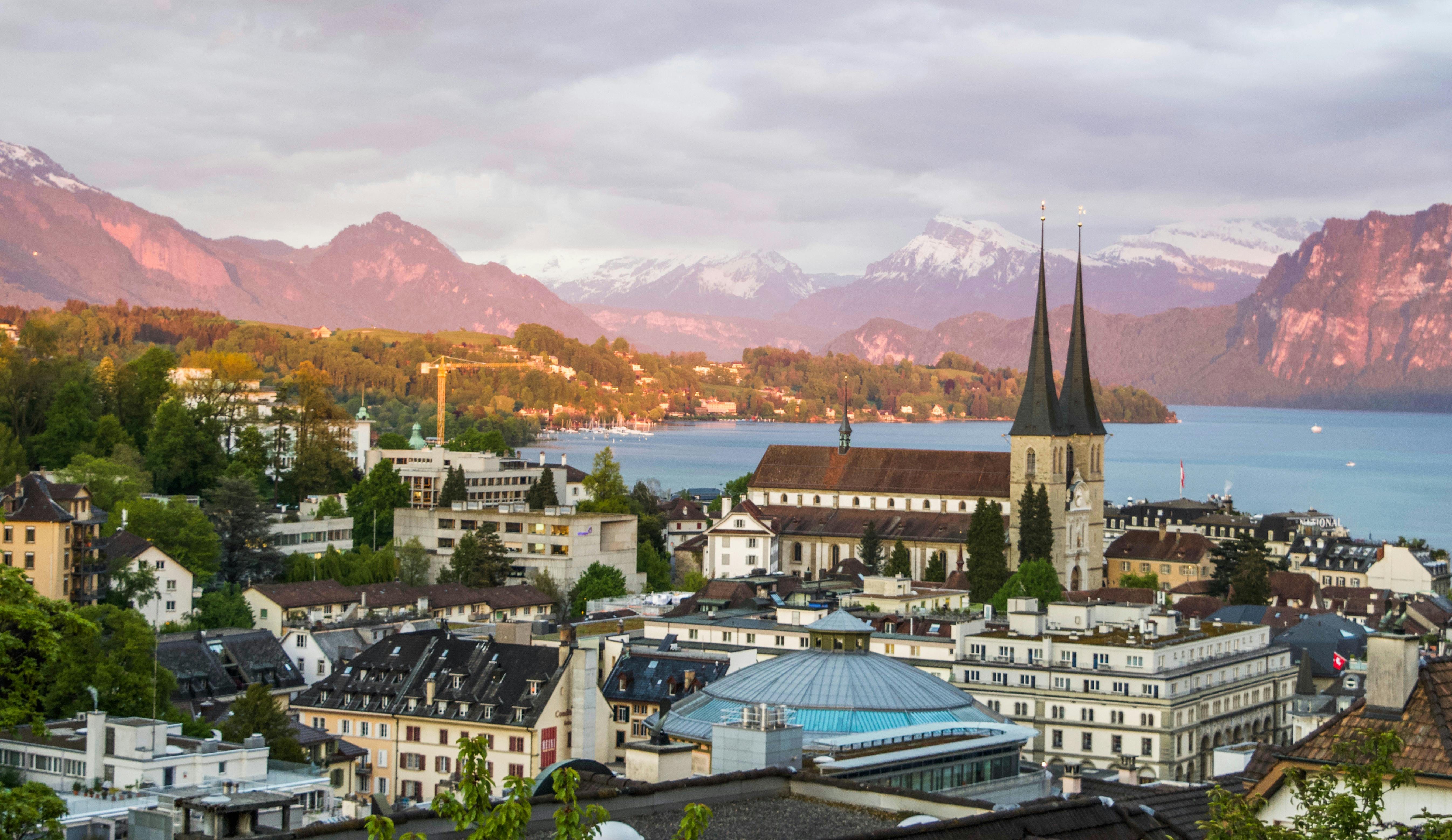 View of Cathedral in old town on coast: Lucerne, Switzerland  