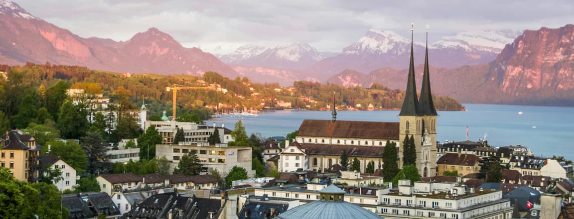 View of Cathedral in old town on coast: Lucerne, Switzerland