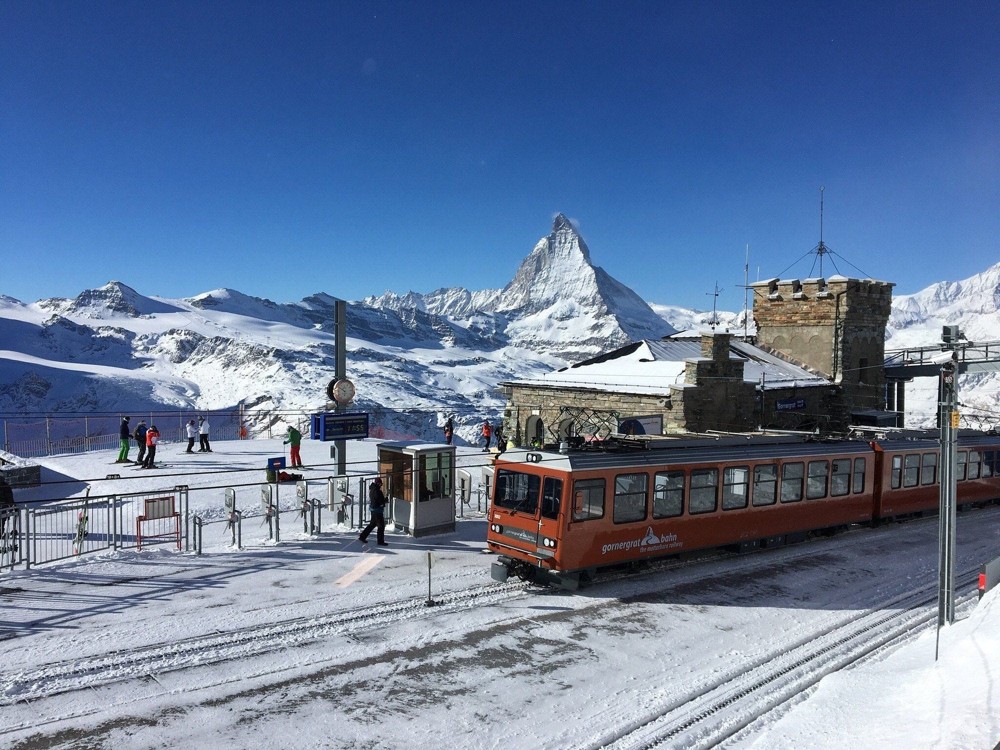 View of Gornergrat railway train with matterhorn at the background