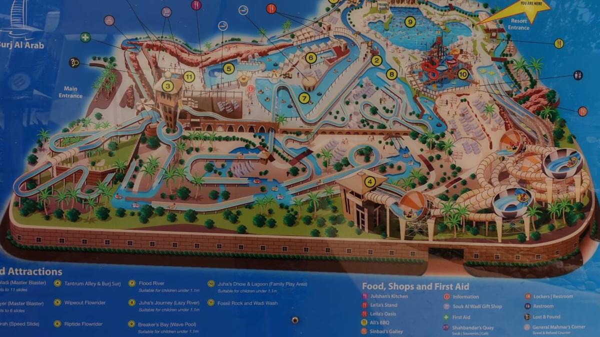 Map of Wild Wadi Waterpark in Dubai, showing rides and attractions opposite Burj Al Arab.