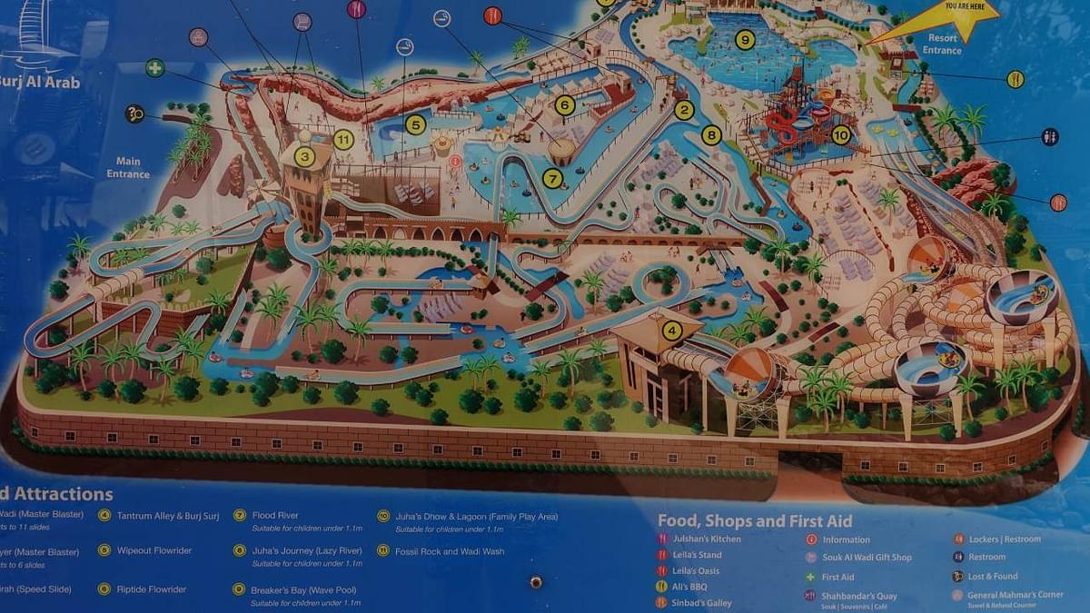 Map of Wild Wadi Waterpark in Dubai, showing rides and attractions opposite Burj Al Arab.
