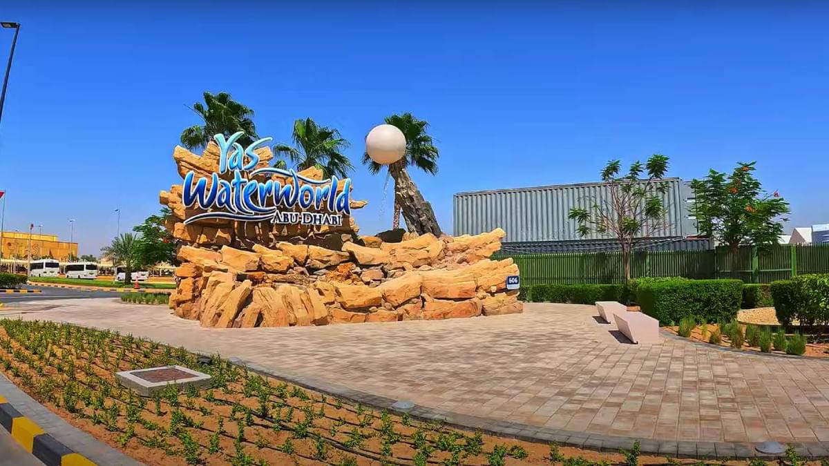 Entrance to Yas Waterworld in Abu Dhabi, showcasing its desert-themed water adventure park.